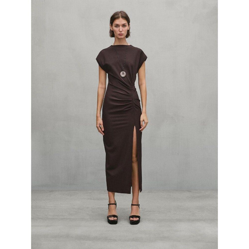 Massimo Dutti Womens Midi Dress Gathered Ruched Sides S Small Brown 9225/952 NWT